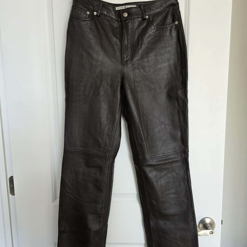 VINTAGE 90s Tommy HILFIGER 100% Real Dark Brown Leather Pants Jean Style